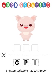 Pig Word scramble . Educational game for kids. English language spelling worksheet for preschool children