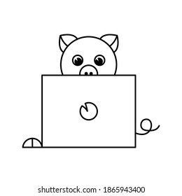 Pig works at the computer, laptop, notebook. Black and white icon.