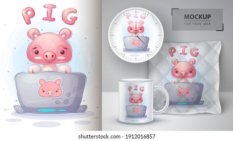 Pig works at the notebook poster and merchandising. Vector eps 10