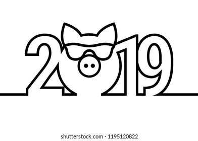 Pig Year 2019 Black and White Emblem. Vector Symbol. Merry Christmas and Happy New Year Design Elements. Resource for Creating Postcards, Calendars or Posters, Presentations or Banners.