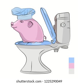 pig year. Cute and funny pig in a cook cap riding on the hook. festive diet. Vector illustration on white isolated background in sketching style.