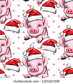 Pig year pattern Vector background. Vintage retro cute pink pigs 2019 decor