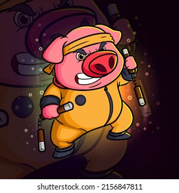 The pig with the yellow suit and holding the double stick esport mascot design logo of illustration