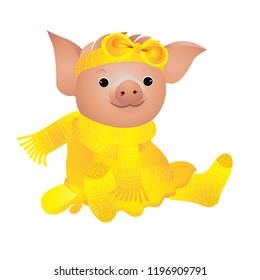 Pig in yellow sweater. 2019 Chinese New Year of the Pig. Christmas greeting card. Isolated on a white background.