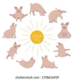 Pig yoga poses and exercises. Cute cartoon clipart set. Vector illustration