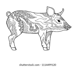 Pig zentangle design, animal farm page for coloring book, vector doodle