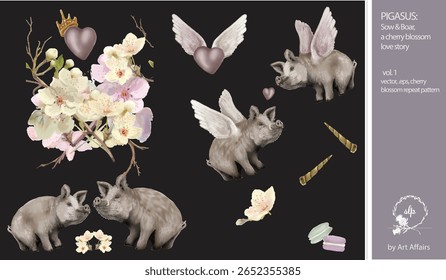 Pigasus: Uma história de amor de flor de cereja com o belo macho chamado Javali e a mulher mais doce chamada Sow.  Eles se apaixonam sob uma chuva de flores de cerejeira.  Proeza. Padrão de repetição infinito