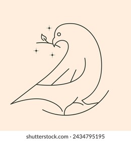 pigeon bird biting a twig line art logo vector illustration design