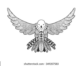 Pigeon bird. Black white hand drawn doodle. Ethnic patterned vector illustration. African, indian, totem, tribal, zentangle design. Sketch for adult coloring book, page, tatto, poster, print, t-shirt
