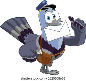 Pigeon Bird Cartoon Character Delivering Letter And Giving Thumbs Up. Vector Illustration Isolated On White Background