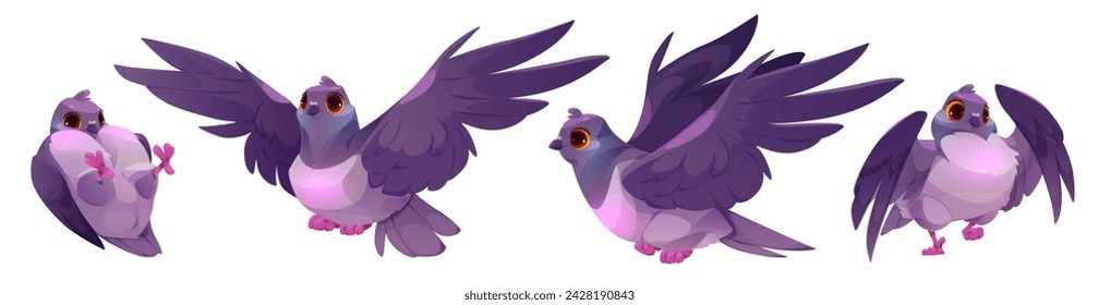 Pigeon bird characters set isolated on white background. Vector cartoon illustration of cute doves lying, walking, dancing, flying in funny poses, comic pet mascots with big eyes, feather, wings