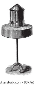 Pigeon bird feeder or bird feeder, vintage engraved illustration. Trousset encyclopedia (1886 - 1891).
