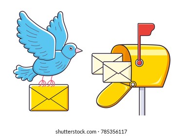 Pigeon bird flying with an envelope and open mailbox with letters isolated