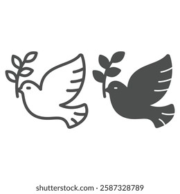 Pigeon bird with leaf line and solid icon, peace concept. Vector graphics. Dove bird with bunch of leaves sign on white background, outline style icon for mobile or web design