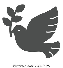 Pigeon bird with leaf solid icon, peace concept. Vector graphics. Dove bird with bunch of leaves sign on white background, glyph style icon for mobile or web design