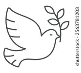 Pigeon bird with leaf thin line icon, peace concept. Vector graphics. Dove bird with bunch of leaves sign on white background, outline style icon for mobile or web design