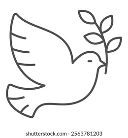 Pigeon bird with leaf thin line icon, peace concept. Vector graphics. Dove bird with bunch of leaves sign on white background, outline style icon for mobile or web design