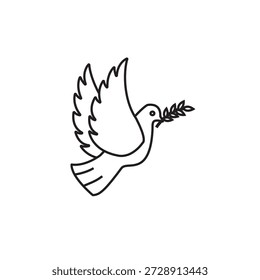 Taubenvogel mit blattdünner Linie Symbol, Friedenskonzept. Vektorgrafiken. Taubenvogel mit einem Haufen Blätter Zeichen auf weißem Hintergrund, Umriss Stil Symbol für mobile oder Web-Design