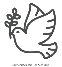 Pigeon bird with leaves line icon, easter holiday concept. Vector graphics. Dove and willow leaf branch sign on white background, outline style icon for mobile or web design