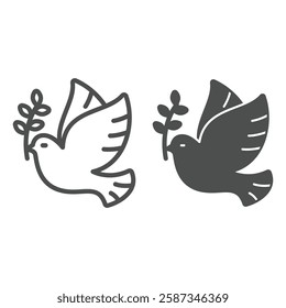 Pigeon bird with leaves line and solid icon, easter holiday concept. Vector graphics. Dove and willow leaf branch sign on white background, outline style icon for mobile or web design