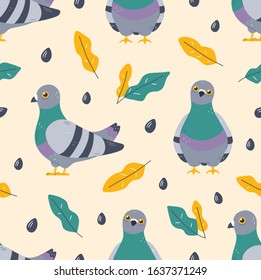 Pigeon bird and leaves seamless pattern. Vector flat stylish modern trendy illustration icon design. Pigeon bird pattern concept