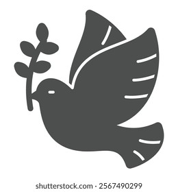 Pigeon bird with leaves solid icon, easter holiday concept. Vector graphics. Dove and willow leaf branch sign on white background, glyph style icon for mobile or web design