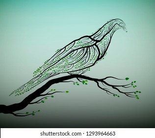 pigeon bird look like tree branches with green leaves, vector