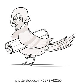 pigeon bird message sender sits on branch coloring page. Black and white vector illustration of nature with cute birds for colouring book