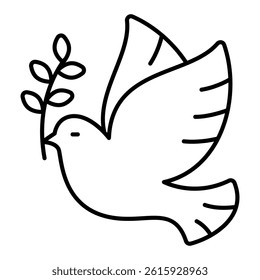 Pigeon bird with plant thin line icon, easter holiday concept. Vector graphics. Dove and willow, branch sign on white background, linear style for mobile or design