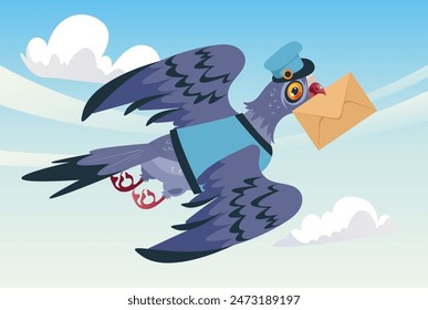 
Pigeon bird postman character carrying letter envelope isolated concept. Vector flat graphic design illustration
