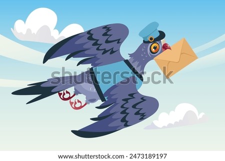 
Pigeon bird postman character carrying letter envelope isolated concept. Vector flat graphic design illustration
