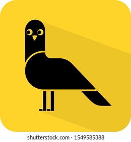 Pigeon bird sign. Sitting chick logo. Flat 3D shadow design. yellow background black vector. product brand service label banner board display. App icon.