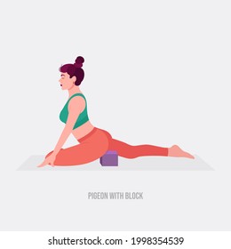 Pigeon with Block.  Yoga pose. Young woman practicing yoga  exercise. Woman workout fitness, aerobic and exercises. Vector Illustration.