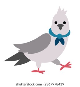 Pigeon in blue scarf. City bird vector illustration. Cute character icon isolated on white background. French symbol picture
