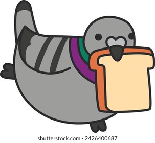 Pigeon with bread. Vector illustration in flat cartoon style.