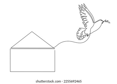 Pigeon carries letter message from envelope,one line art continuous contour.Hand-drawn peace dove with olive branch,doodle bird correspondence concept.Editable stroke.Isolated.Vector illustration