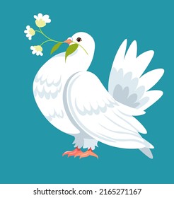 Pigeon carrying flowers in beak, isolated dove with flower decoration. Pacifism and symbol of peace and tranquility in world. Spring or summer bird with blossom flora decor. Vector in flat style