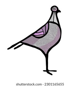 Pigeon - cartoon bird portrait. Hand drawn vector illustration isolated in white. Flat color design.