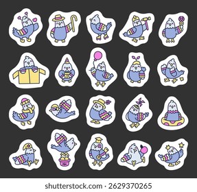 Conjunto de personagem pombo com chapéus emoções atividades gastronômicas poses e magia de férias para adorável desenho animado valentines formatura aniversário construtor e cenas de fadas para design criativo