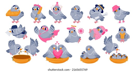Pigeon characters. Cartoon funny birds sitting together and communicating, building nest and having a conflict. Vector pigeon animals interactions set. Mother feeding kids, dove with envelope