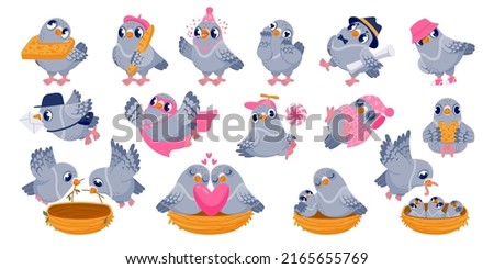 Pigeon characters. Cartoon funny birds sitting together and communicating, building nest and having a conflict. Vector pigeon animals interactions set. Mother feeding kids, dove with envelope