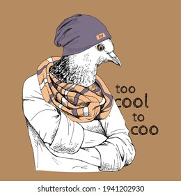 Pigeon in the checkered scarf and in the knitted casual hat. Humor card, t-shirt composition, hand drawn style print. Vector illustration.