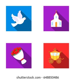 Pigeon, church, bouquet, carriage. Wedding set collection icons in flat style vector symbol stock illustration web.