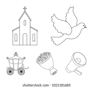 Pigeon, church, wedding bouquet, carriage. Wedding set collection icons in outline style vector symbol stock illustration web.