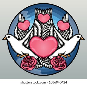 Pigeon couple with roses. Premium vector