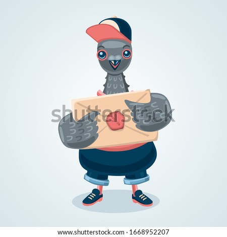 Pigeon courier boy. Humanized dove postman Cartoon style illustration. Delivery bird. Vector graphic.