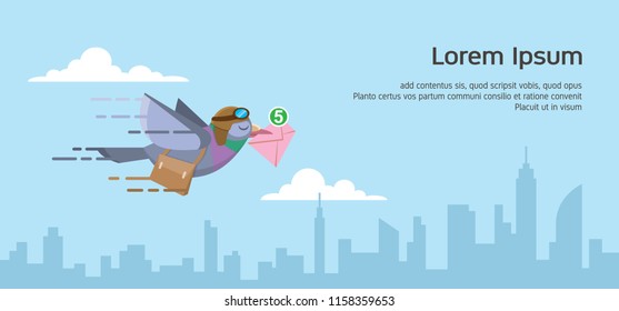 pigeon courier flying over the city skyline. sending email flat vector illustration