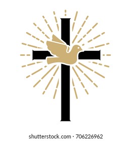 Pigeon with cross. Religious sign. Design elements for logo, label, emblem ,sign. Vector illustration