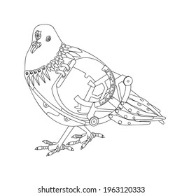 Pigeon in cyberpunk style - hand drawn black and white vector illustration.