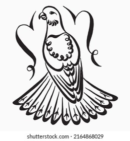 Pigeon with decor around the edges stylized drawing. Linear drawing of a pigeon. Fantail pigeon minimalist black linear design. Vector illustration.
